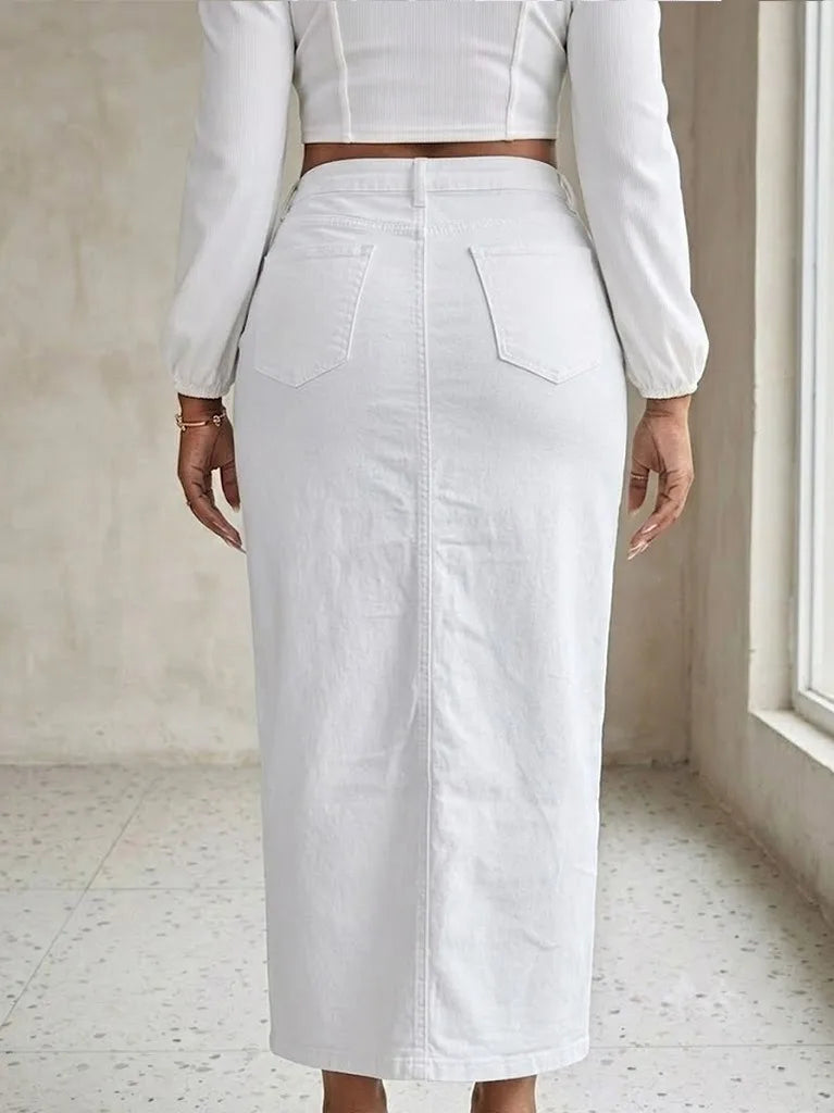 Benuynffy Plus Size High Waist Front Split Denim Midi Skirt Women's New Fashion Vintage Streetwear Washed Bodycon Jean Skirts