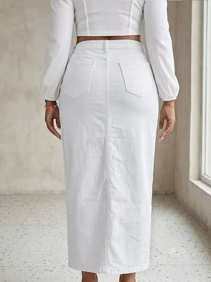 Benuynffy Plus Size High Waist Front Split Denim Midi Skirt Women's New Fashion Vintage Streetwear Washed Bodycon Jean Skirts