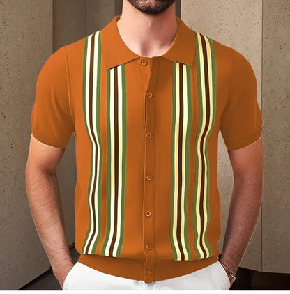 Men Striped Polo Shirts Single Breasted Tees Cardigan Knitted Short Sleeve Shirt Business Loose Tops Summer 2025 Buttons
