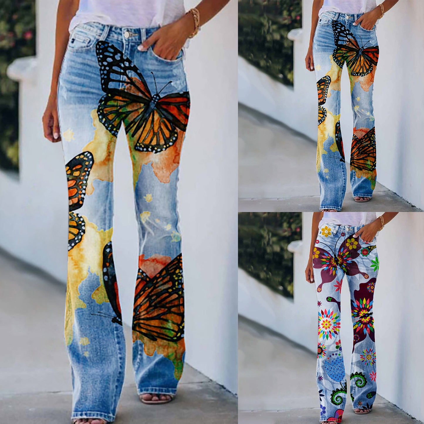 Jeans For Women High Waist Cargo Pants Bootcut Distressed Flared Denim Print Pants Flower Print Faux Denim Jeans Джинсы Женский