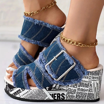 Women Sandals Casual Fashion Vacation Daily Shoes Women Summer New Buckled Denim Platform Wedge Sandals Women Zapatos De Mujer