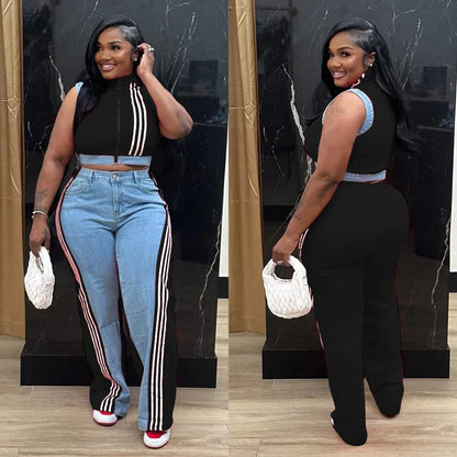 2 Pieces Women's Sets 2025 Spring Summer Denim Sleeveless Suit Tops And Wide Leg Pants Suits Two Piece Set Tracksuit Outfit
