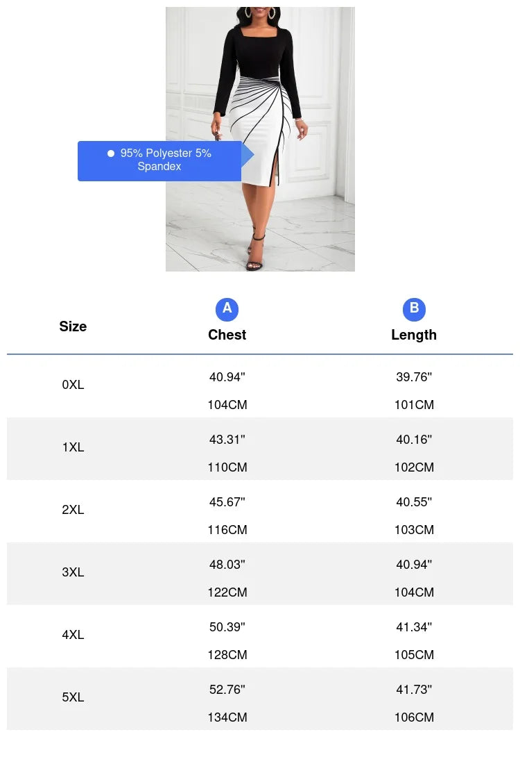 Plus Size European and American Style Women's Elegant Dress Printed Long-Sleeve Bag Buttock Slit Elastic Dress With Zipper