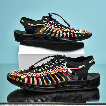 Women Sandals Fashion Handmade Weaving Design Beach Slippers Men Summer Breathable Casual Flat Sandals Outdoor Couples Big Size