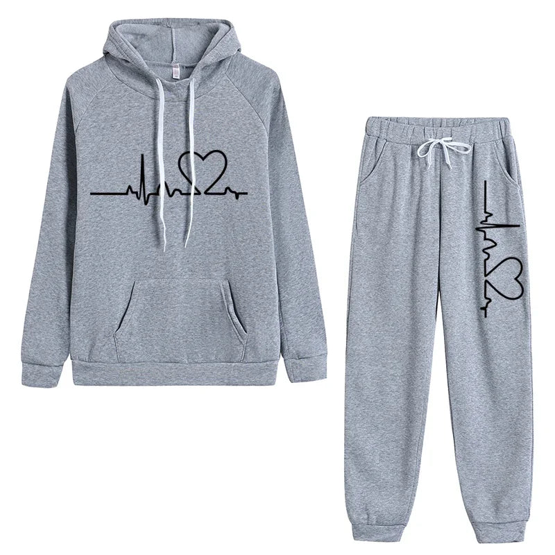 Womens Tracksuit Heart Printing Hooded Sweatshirts Suit Gym Jogging Clothing Autumn Winter Fleece Warm Popular Casual Pants Sets