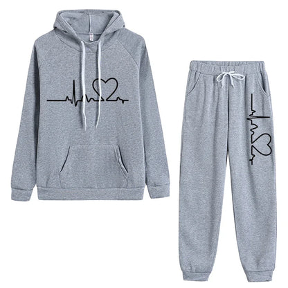 Womens Tracksuit Heart Printing Hooded Sweatshirts Suit Gym Jogging Clothing Autumn Winter Fleece Warm Popular Casual Pants Sets
