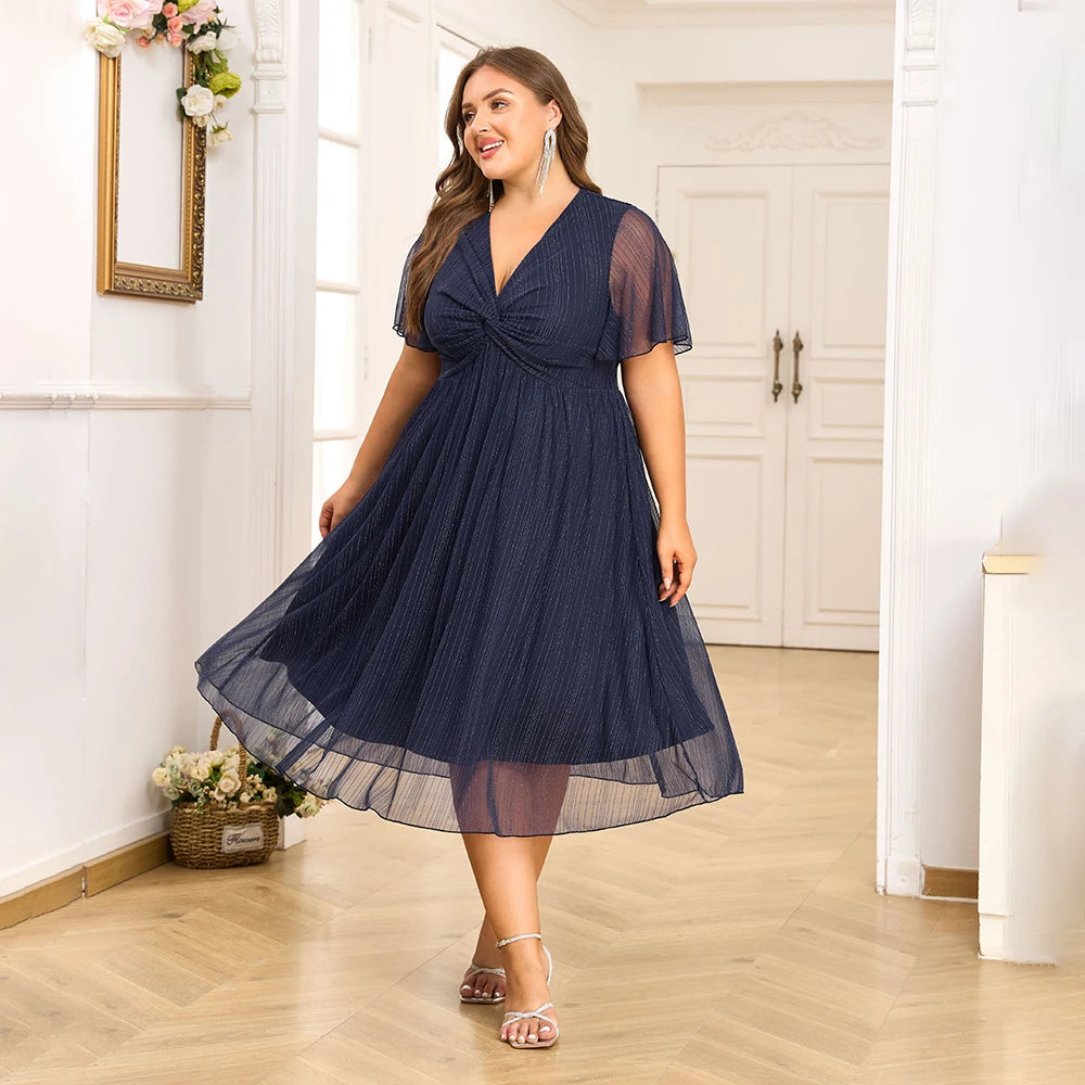 Plus Size Women's V-Neck Solid Dresses Elegant Evening Party Dress Prom Female Large Size Bridesmaid Dresses 2XL 3XL 4XL 5XL 6XL