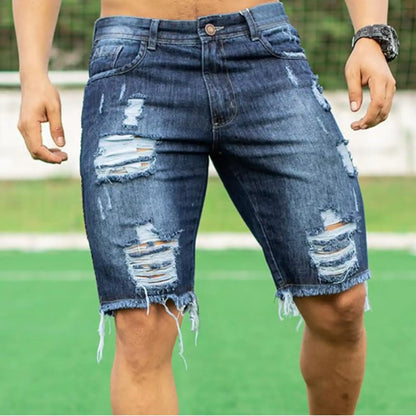 2026 New Hole-washed Water Buffalo Denim Short Pants - Men's Trendy Loose Straight Five-Piece Casual Shorts - Summer New Style
