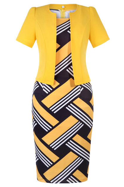 Women Geometry Print Office Lady Short Sleeve Cape Top and Pencil Dress Two Piece Suit Vestido