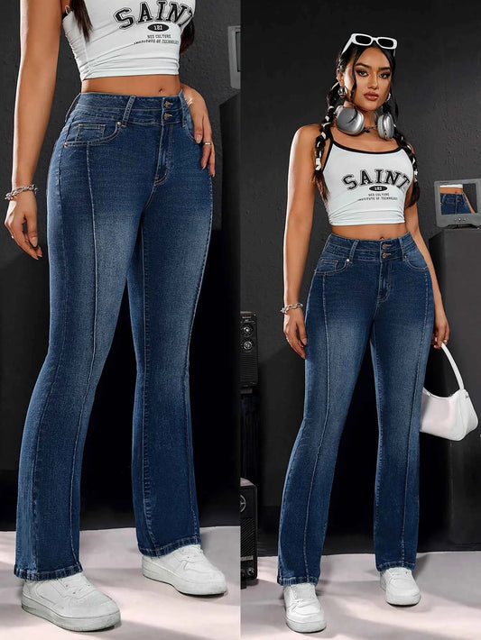 Women's High-Waisted Stretch Denim Trousers Double Button Detail Comfortable Fit Straight Leg Jeans