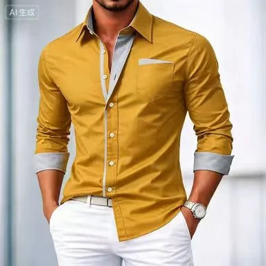 Men's shirt button-down shirt color block casual daily wear navy blue royal blue long sleeve cuffed spring and autumn clothing c