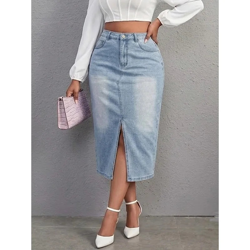 Benuynffy Plus Size High Waist Front Split Denim Midi Skirt Women's New Fashion Vintage Streetwear Washed Bodycon Jean Skirts