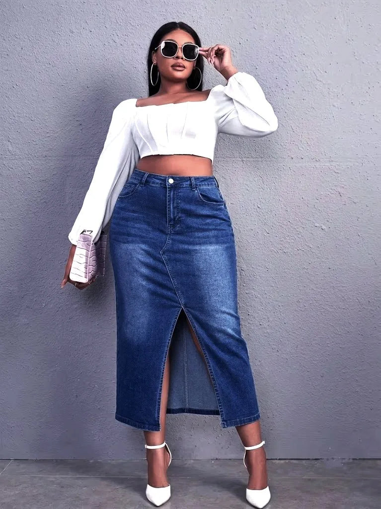 Benuynffy Plus Size High Waist Front Split Denim Midi Skirt Women's New Fashion Vintage Streetwear Washed Bodycon Jean Skirts