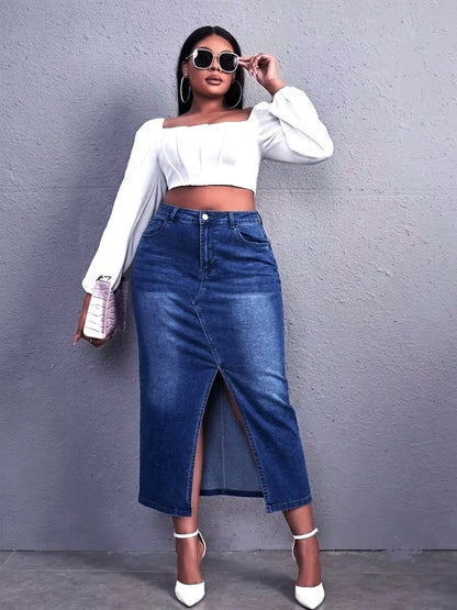 Benuynffy Plus Size High Waist Front Split Denim Midi Skirt Women's New Fashion Vintage Streetwear Washed Bodycon Jean Skirts