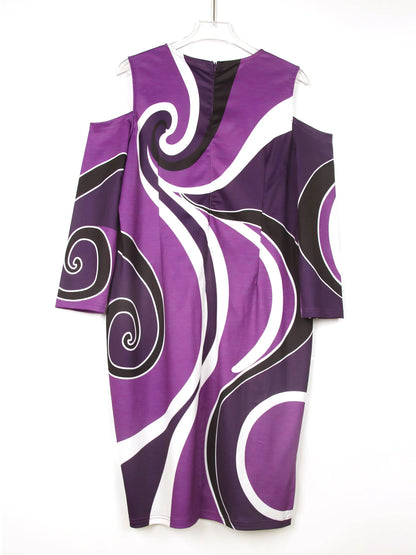 Women's Plus Size Colorblock Print Dress with Cold Shoulder and 3/4 Sleeves - Casual and Comfortable