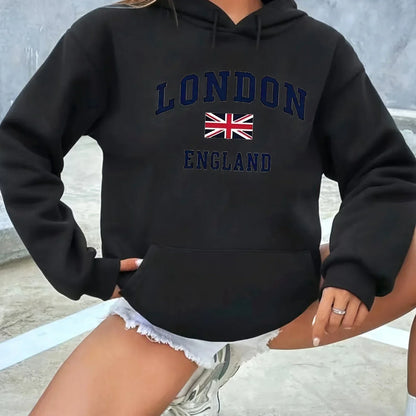 Women's Autumn and Winter Casual Fashion Loose London England Print Hooded Drawstring Long Sleeved Warm Pullover
