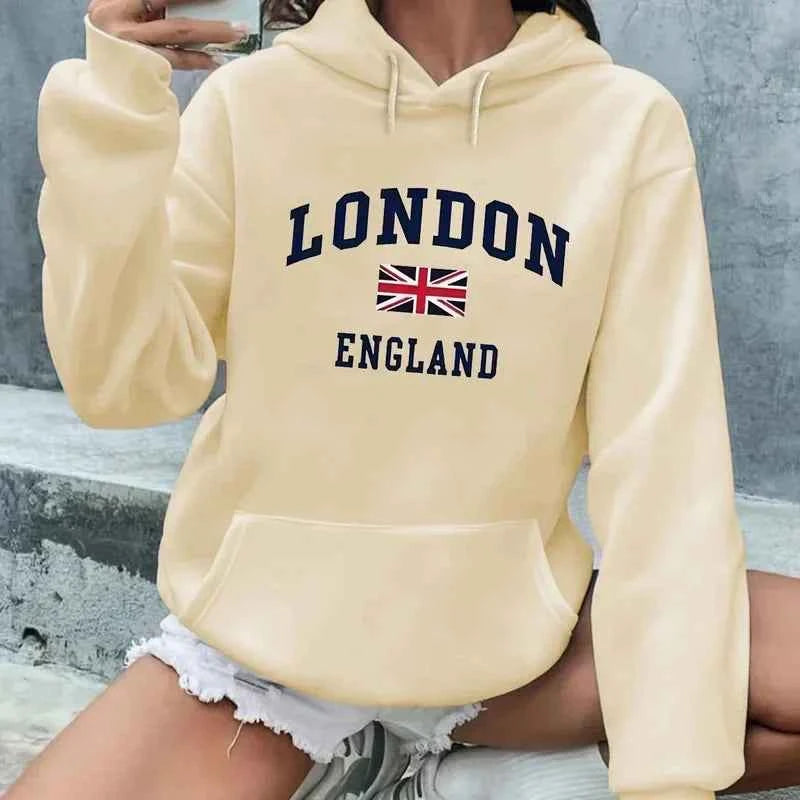 Women's Autumn and Winter Casual Fashion Loose London England Print Hooded Drawstring Long Sleeved Warm Pullover