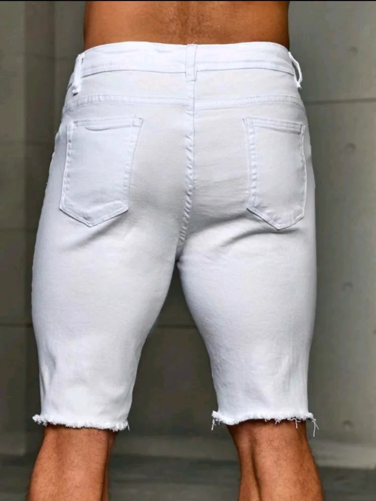 Skinny Ripped Denim Shorts Men's Summer Stretch Slim White Hole Jeans Hip-hop Rock Moto Knee Length Pants Fashion Streetwear