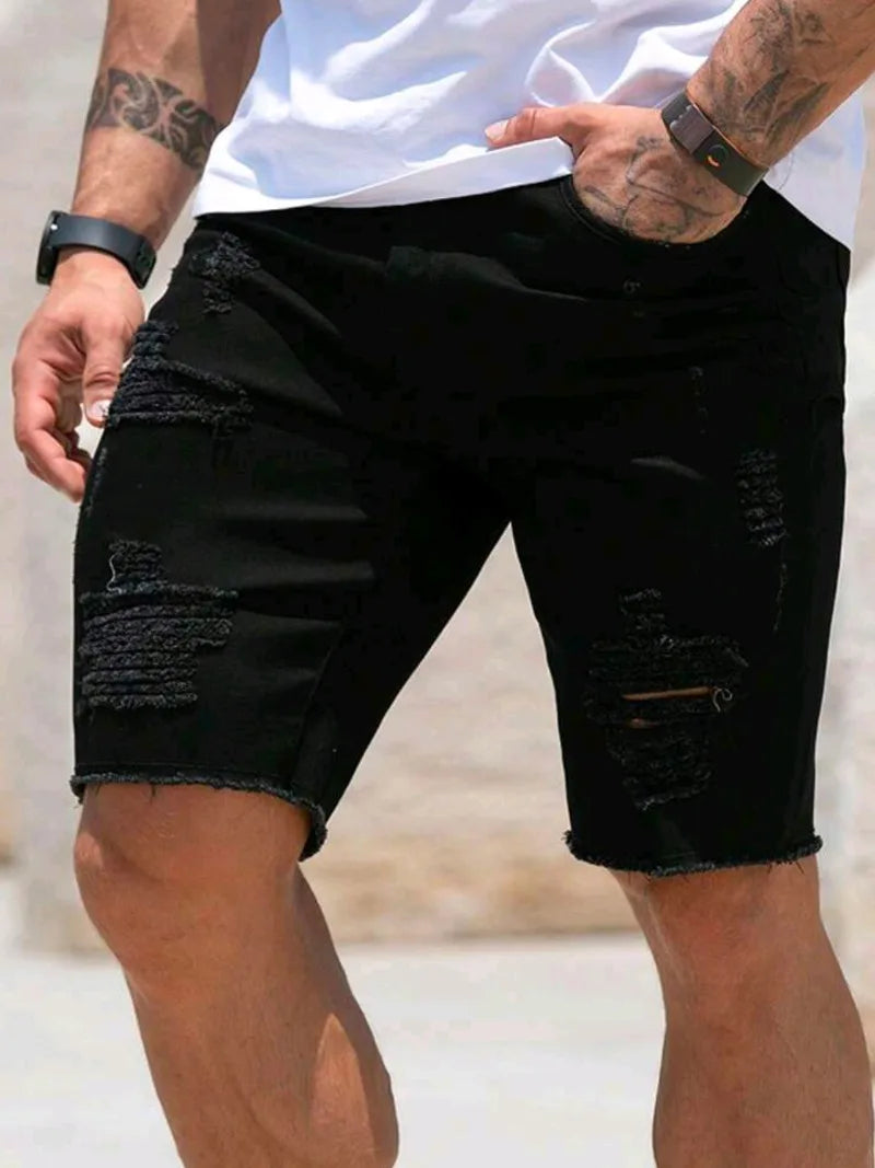 Skinny Ripped Denim Shorts Men's Summer Stretch Slim White Hole Jeans Hip-hop Rock Moto Knee Length Pants Fashion Streetwear