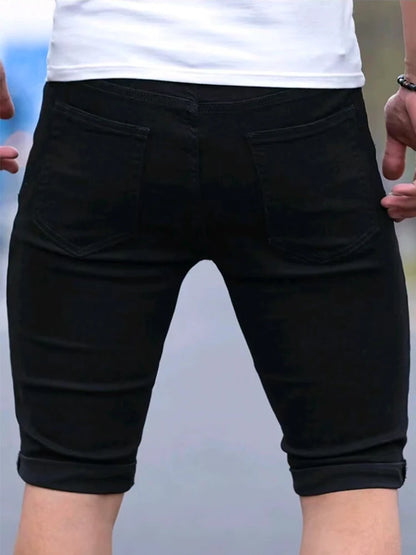 Summer Men's Retro High Waist Denim Shorts Hole-Punched Straight Leg Stretchy Casual Jeans Blue Black American Style Male Pants