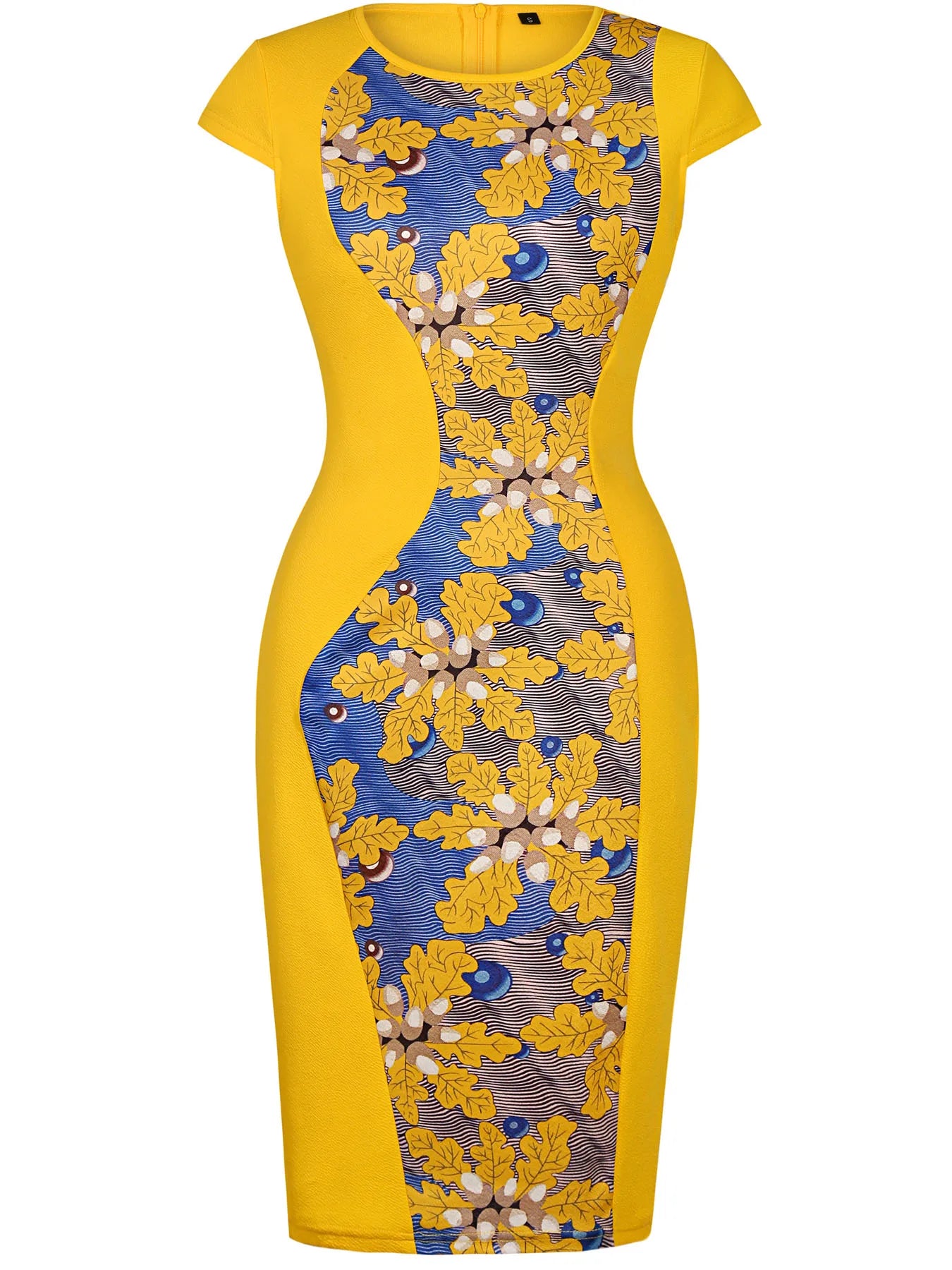 Womens Cap Sleeve Floral Print Crew Neck Work Patchwork Business Slim Casual Party Pencil Bodycon Sheath Dress