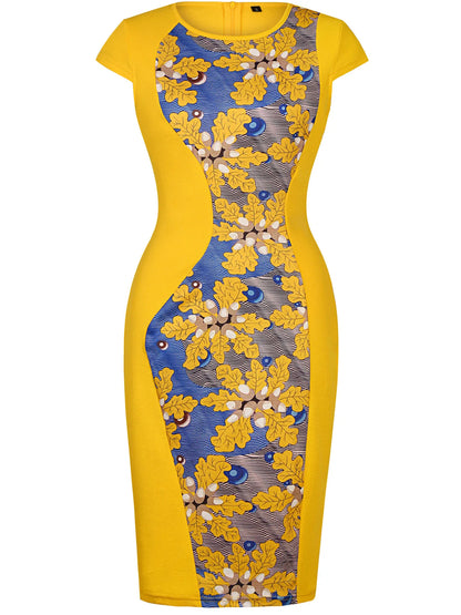 Womens Cap Sleeve Floral Print Crew Neck Work Patchwork Business Slim Casual Party Pencil Bodycon Sheath Dress
