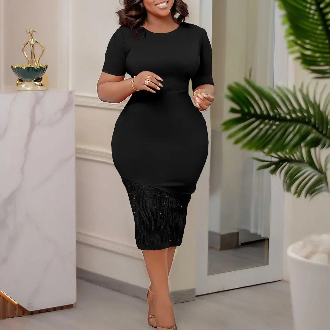 African Dresses For Women Dashiki Summer O Neck Sexy Lace Short Sleeve Vestidos Fashion Casual Female Midi Pencil Dress 2023