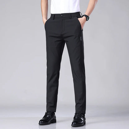 Ultra-thin Elastic Men's Casual Trousers Summer Quick-drying Ice Silk Slim Straight Business Solid Color Trousers Black Gray