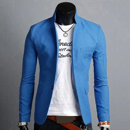 Business Autumn Pockets Men Coat Solid Color Lapel Collar Button Decor Business Blazer