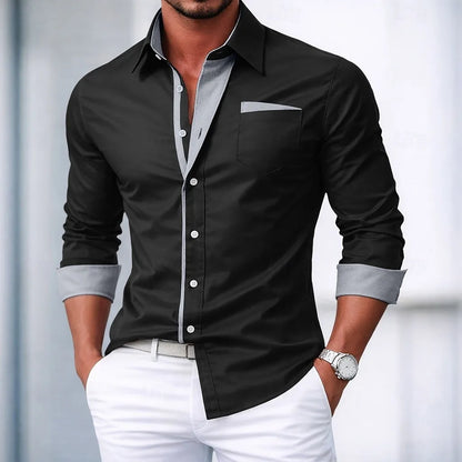 Men's shirt button-down shirt color block casual daily wear navy blue royal blue long sleeve cuffed spring and autumn clothing c