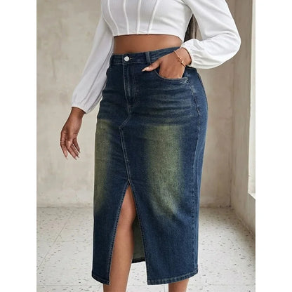 Benuynffy Plus Size High Waist Front Split Denim Midi Skirt Women's New Fashion Vintage Streetwear Washed Bodycon Jean Skirts