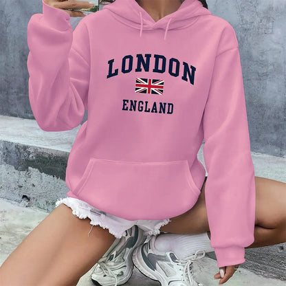 Women's Autumn and Winter Casual Fashion Loose London England Print Hooded Drawstring Long Sleeved Warm Pullover
