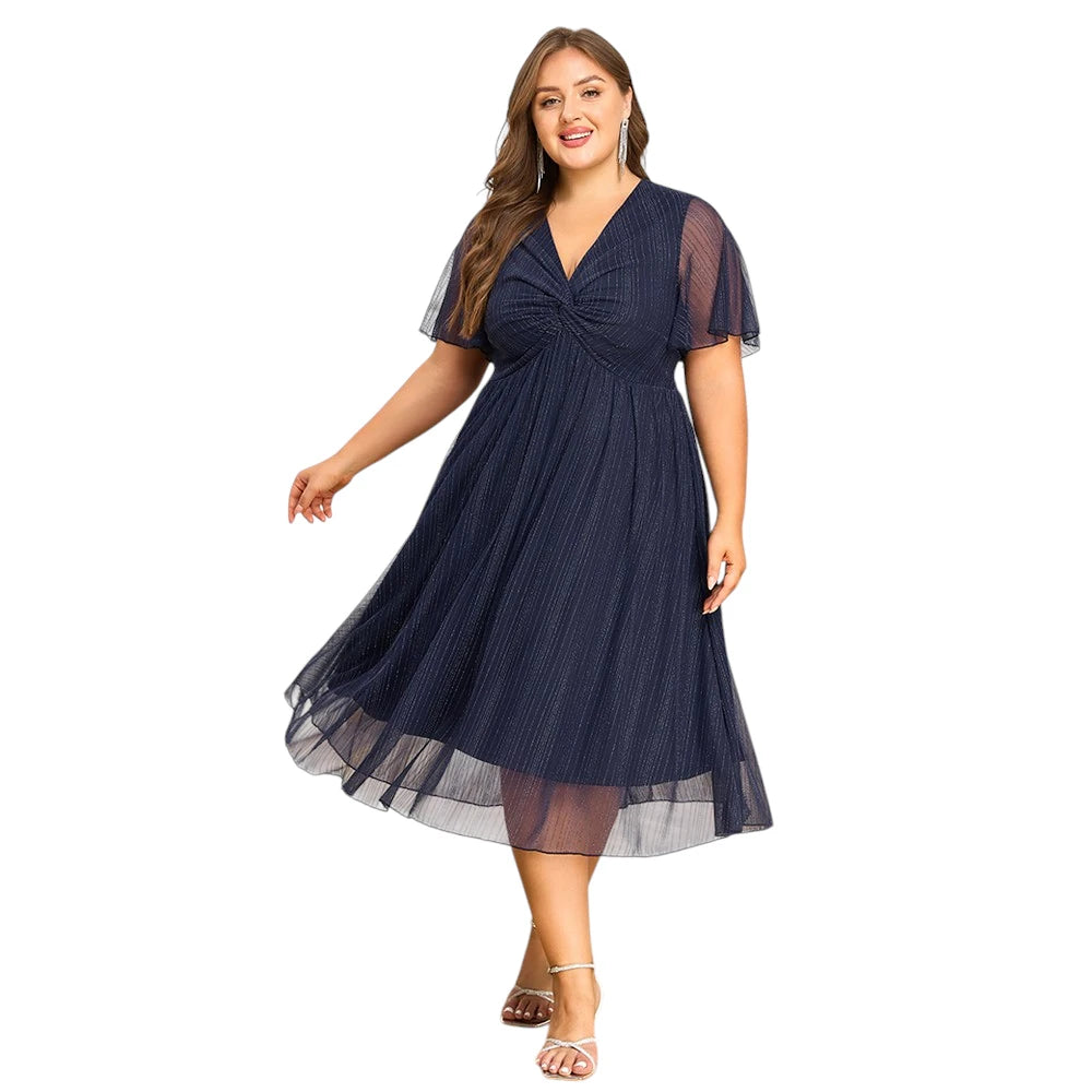 Plus Size Women's V-Neck Solid Dresses Elegant Evening Party Dress Prom Female Large Size Bridesmaid Dresses 2XL 3XL 4XL 5XL 6XL
