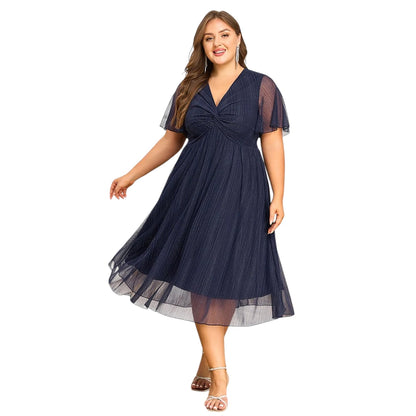 Plus Size Women's V-Neck Solid Dresses Elegant Evening Party Dress Prom Female Large Size Bridesmaid Dresses 2XL 3XL 4XL 5XL 6XL