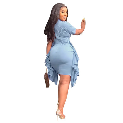 African Dresses for Women Summer Elegant African Short Sleeve O-neck Ruffled Skinny Slim Party Evening Dress African Clothing