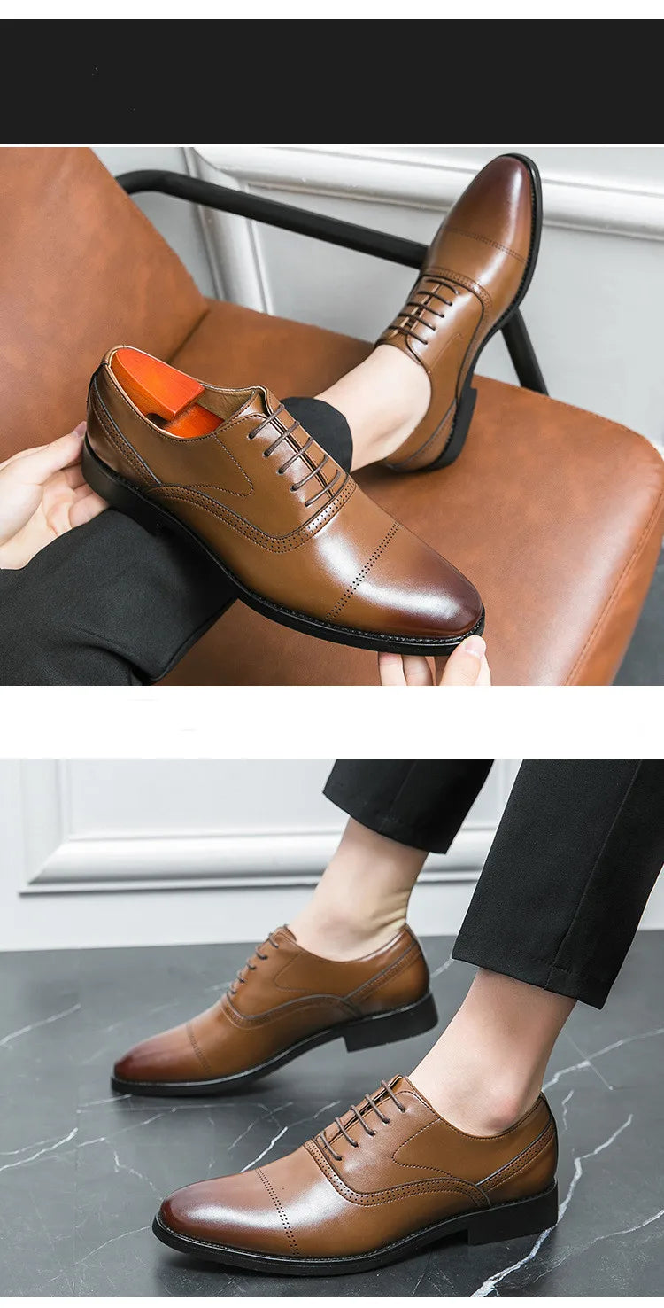 Designer Brand Black Leather Shoes for Men Wed Dress Shoe Lace Up Casual Business Oxfords Point Toe Office Formal Shoes for Male