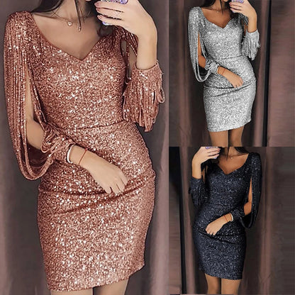 Dresses For Wedding Guest Kids Women Long Shining Mini Sequined Sleeved Stitching Solid Sexy Dress Club платье женское летнее
