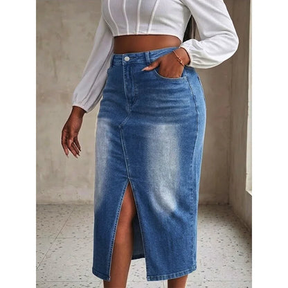 Benuynffy Plus Size High Waist Front Split Denim Midi Skirt Women's New Fashion Vintage Streetwear Washed Bodycon Jean Skirts