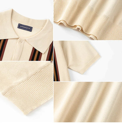 Men Striped Polo Shirts Single Breasted Tees Cardigan Knitted Short Sleeve Shirt Business Loose Tops Summer 2025 Buttons