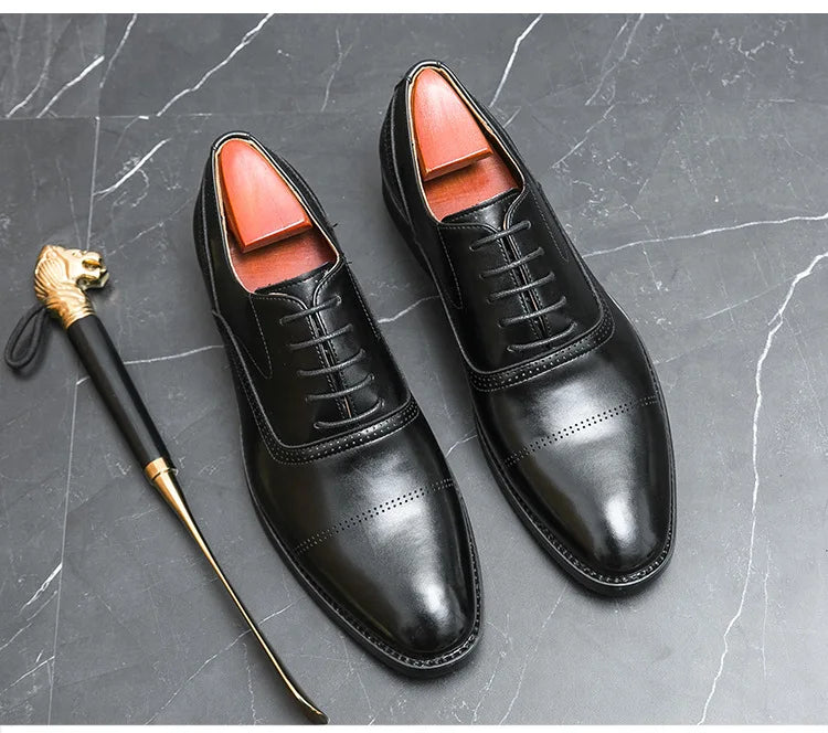 Designer Brand Black Leather Shoes for Men Wed Dress Shoe Lace Up Casual Business Oxfords Point Toe Office Formal Shoes for Male