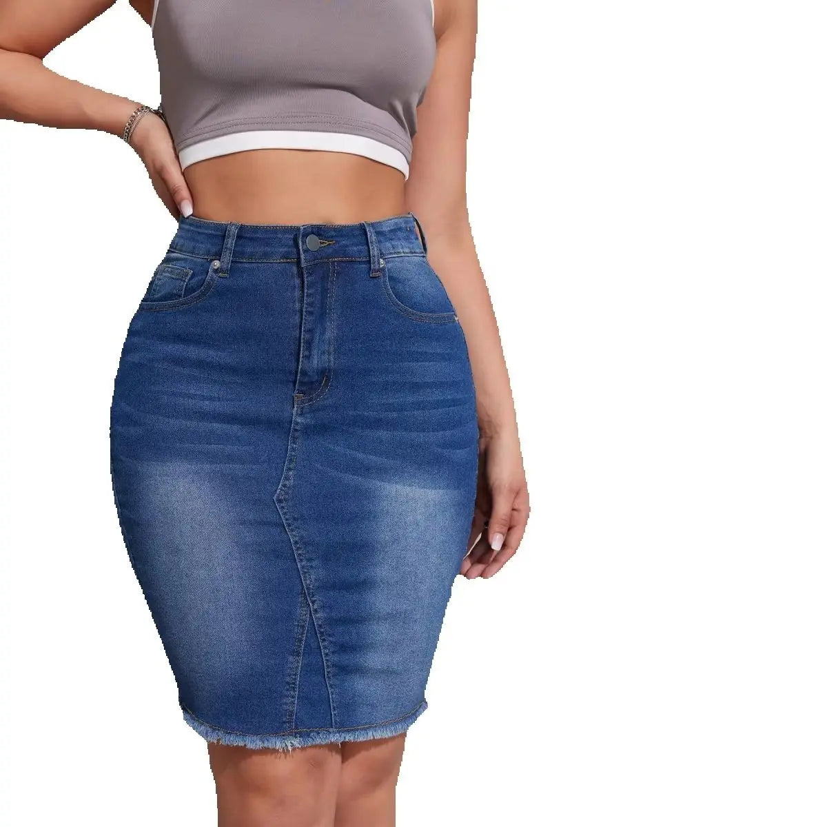 2026 Summer New Women's High Waist Slim Denim Skirt Fashion High Elasticity Tight Raw Edge Hip Sexy Jeans Skirt