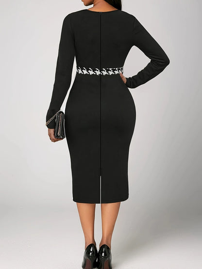 Plus Size Women Elegant Dress Thousand-Bird Lattice Color Contrast Printed Long-Sleeved OL Commuter Wind Bag Hip Elastic Dress