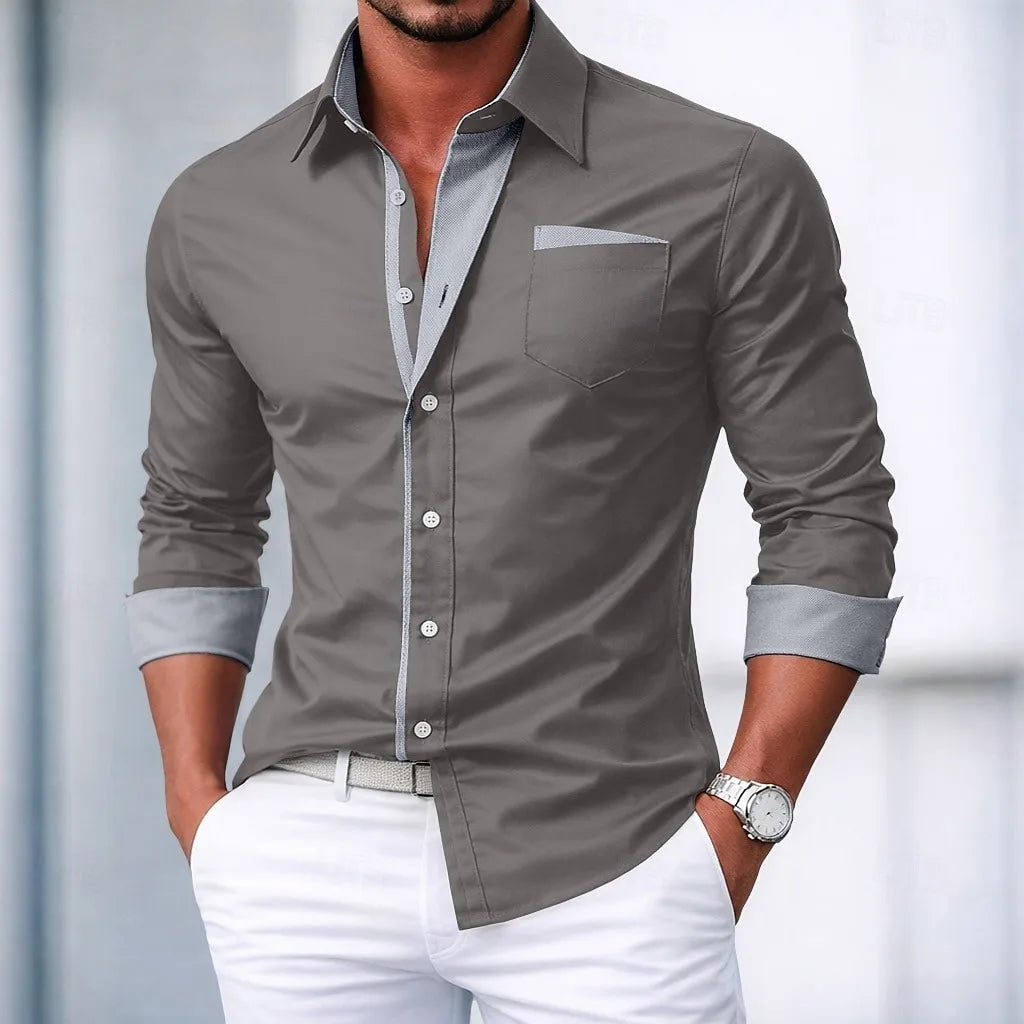 Men's shirt button-down shirt color block casual daily wear navy blue royal blue long sleeve cuffed spring and autumn clothing c