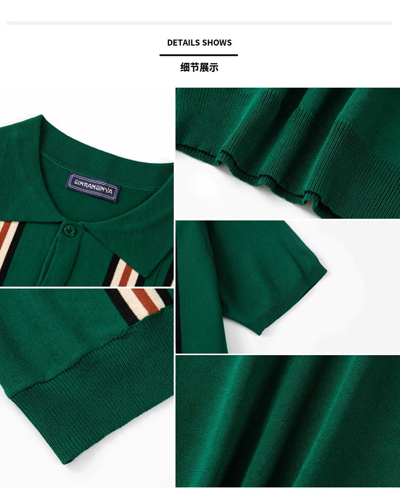 Men Striped Polo Shirts Single Breasted Tees Cardigan Knitted Short Sleeve Shirt Business Loose Tops Summer 2025 Buttons