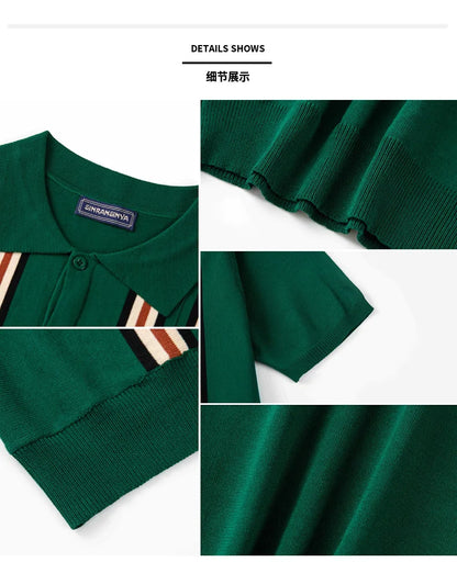 Men Striped Polo Shirts Single Breasted Tees Cardigan Knitted Short Sleeve Shirt Business Loose Tops Summer 2025 Buttons