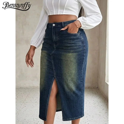 Benuynffy Plus Size High Waist Front Split Denim Midi Skirt Women's New Fashion Vintage Streetwear Washed Bodycon Jean Skirts