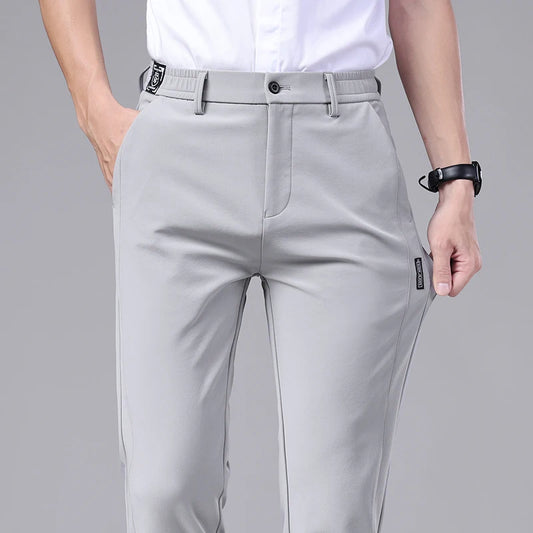 Ultra-thin Elastic Men's Casual Trousers Summer Quick-drying Ice Silk Slim Straight Business Solid Color Trousers Black Gray