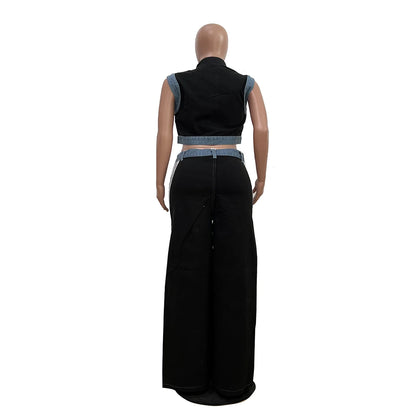2 Pieces Women's Sets 2025 Spring Summer Denim Sleeveless Suit Tops And Wide Leg Pants Suits Two Piece Set Tracksuit Outfit