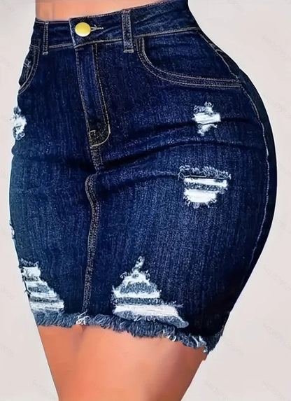 Dark Blue Ripped, Frayed-Edge, Bodycon Denim Skirt
