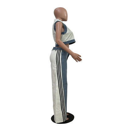 2 Pieces Women's Sets 2025 Spring Summer Denim Sleeveless Suit Tops And Wide Leg Pants Suits Two Piece Set Tracksuit Outfit